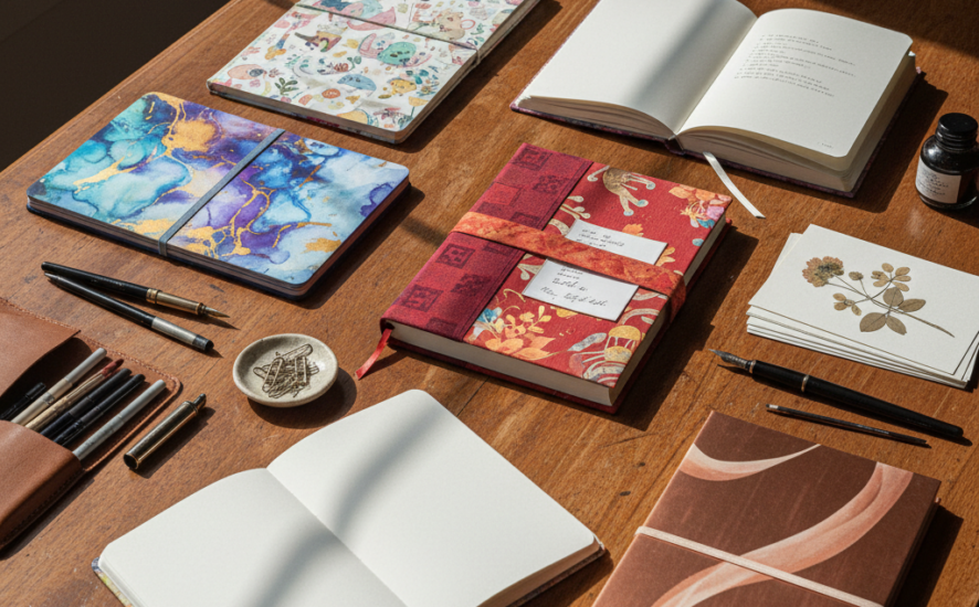 A collection of custom notebooks displayed on a wooden surface with various designs.