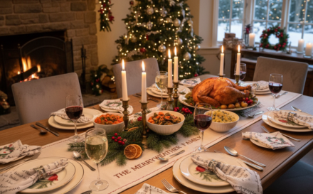 Christmas dinner table decorated with personalised products, creating a warm and inviting atmosphere.