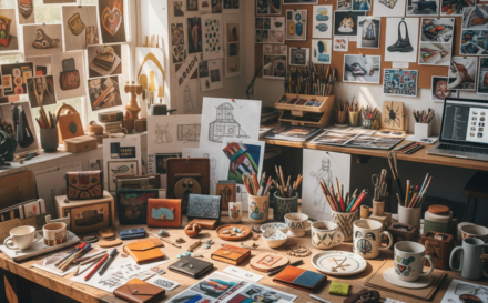 Artful workspace showcasing colourful custom product designs in progress.