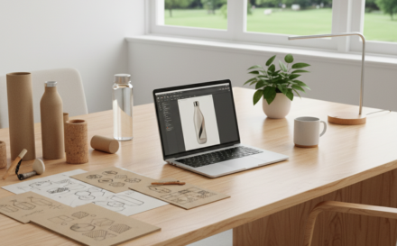 A modern design workspace featuring sketches and eco-friendly materials.