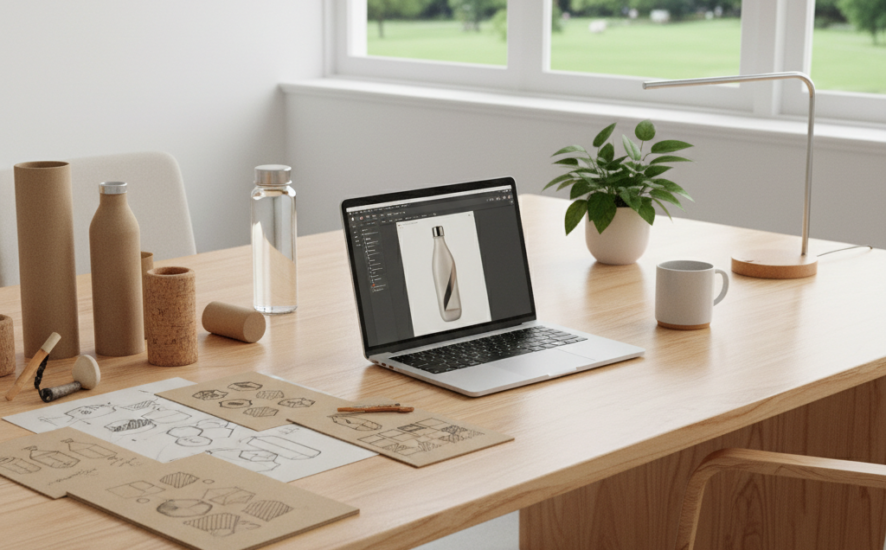 A modern design workspace featuring sketches and eco-friendly materials.