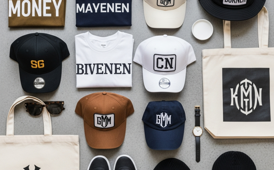 Flat lay of personalised fashion products including T-shirts, custom bags and hats.