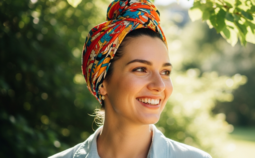Woman with a silk scarf head wrap enjoying the sun