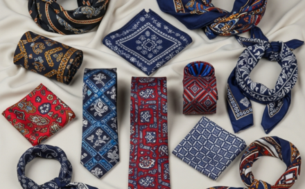 Variety of custom accessories including silk scarves, pocket squares, neckties, bandanas, and hair scarves displayed artistically.