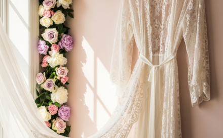Elegant bridal robe displayed with floral accents