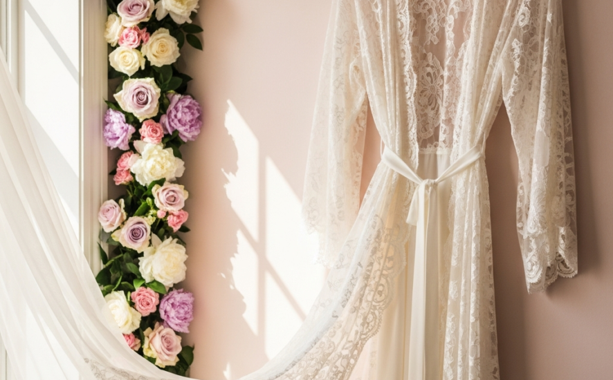 Elegant bridal robe displayed with floral accents