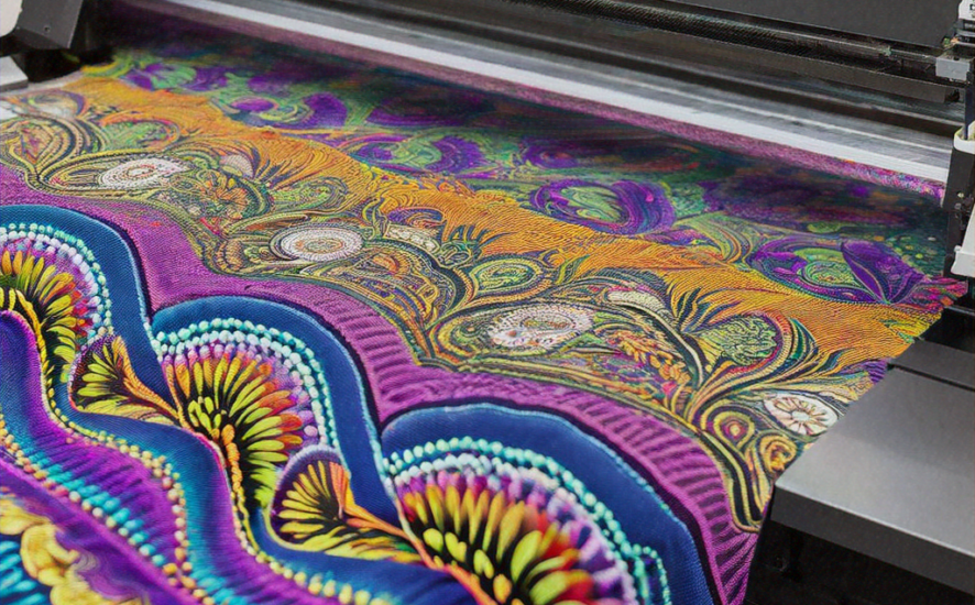 A digital printer printing a colourful design on fabric in a bright factory setting